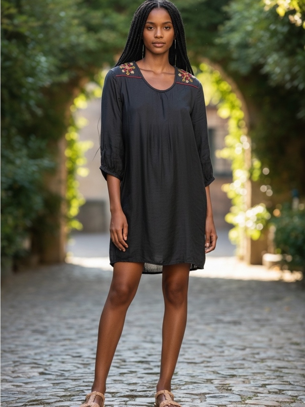 Fabindia Black 100% Silk Embroidered Tunic Small Mini Dress Boho India Artisan